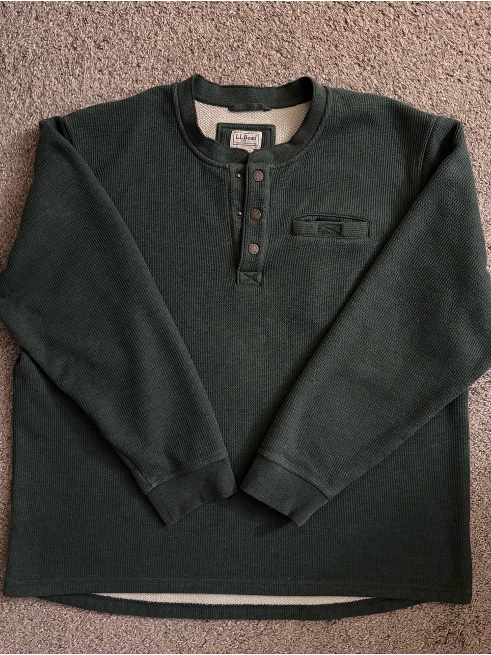 L.L. Bean Men's Forest Green Waffle Henley Crewneck Sweater